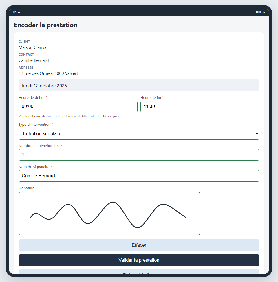 Signature d'une prestation sur tablette